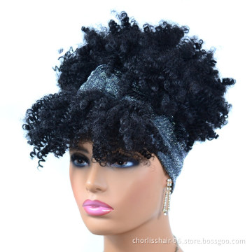 Wholesale Black Ombre  Kinky Cruly With Scarf And Bangs Short Heat Resistant Afro Synthetic Hair Headband Wigs For women